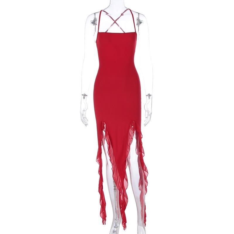 Women European Style Backless Mesh Splicing Ruffled Irregular High Waist Strap Long Dress