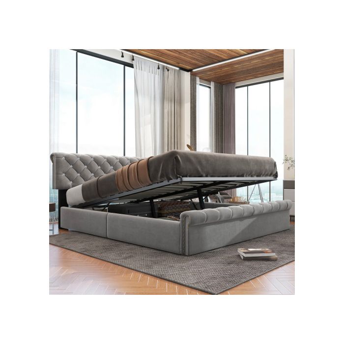 Lit Capitonné - MUVOE - 180x200 Cm - Velours Gris - Tête De Lit Réglable - 2 Places