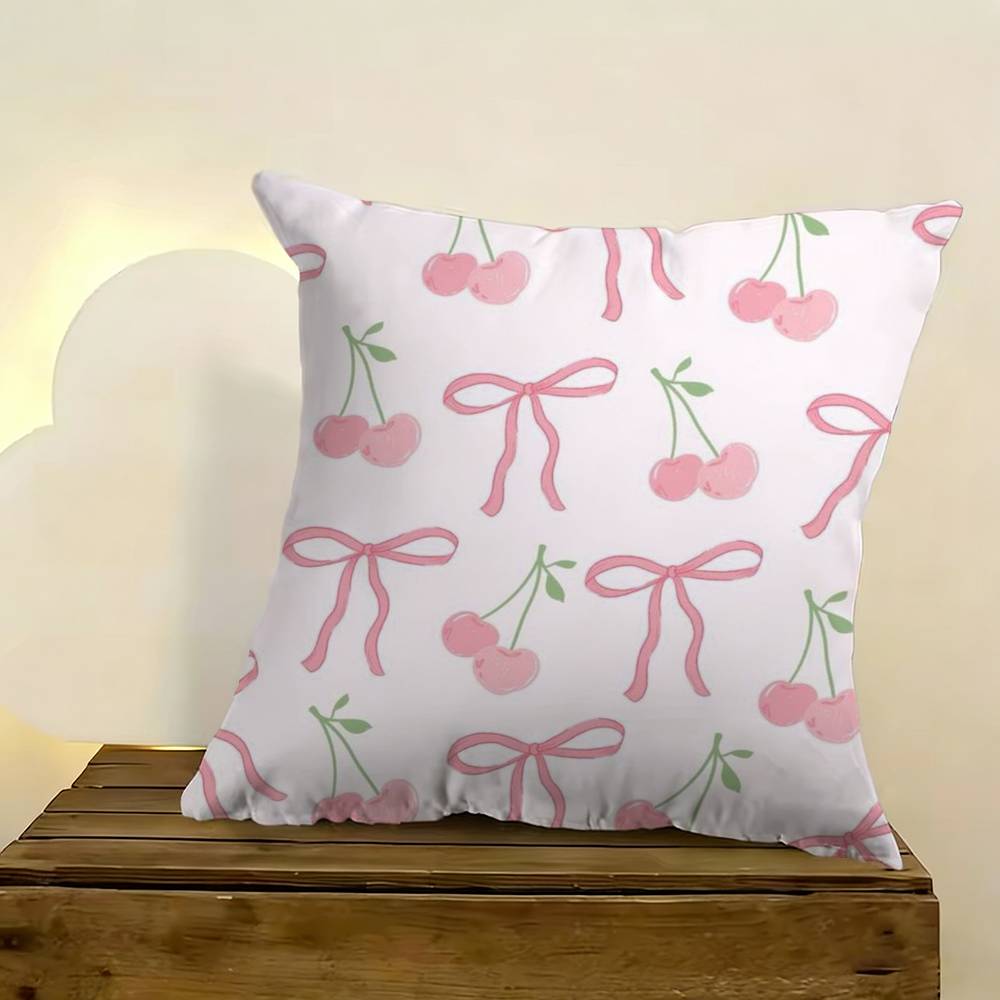 Pink Bow Cherry Pattern Pillow Case For Sofa Living Room Home Office Decor Protective Cover