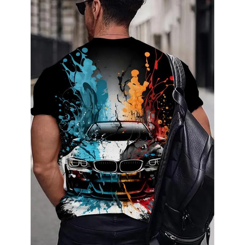 Men's Car Pattern T-shirt 3D Printed Round Neck T-shirt Casual Loose Men Quick Drying Breathable Comfortable