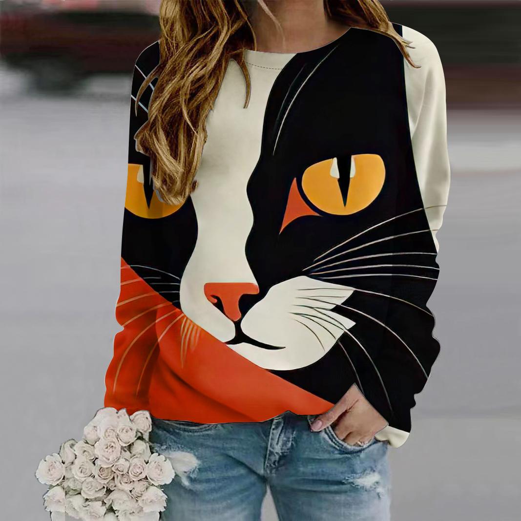 

Топы для женщин 3D Vision Funny Cat Print Round Neck Long Sleeve T Shirt Fall Casual Slim Pullover Women s Long Sleeve Top 8XL оранжевый