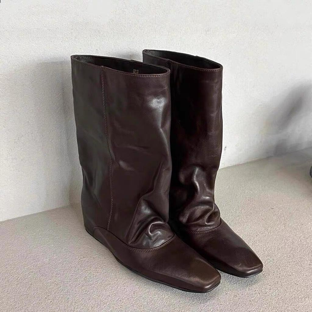 Spot-version~ Niche firkantet snude øget indvendig højde rynke-piling støvler mellemhøje støvler dame nye alsidige rytterstøvler