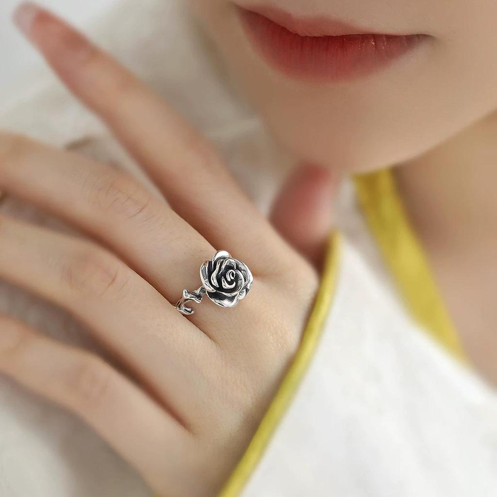 Adjustable 925 Sterling Silver Rose Ring - Retro Chinese Style