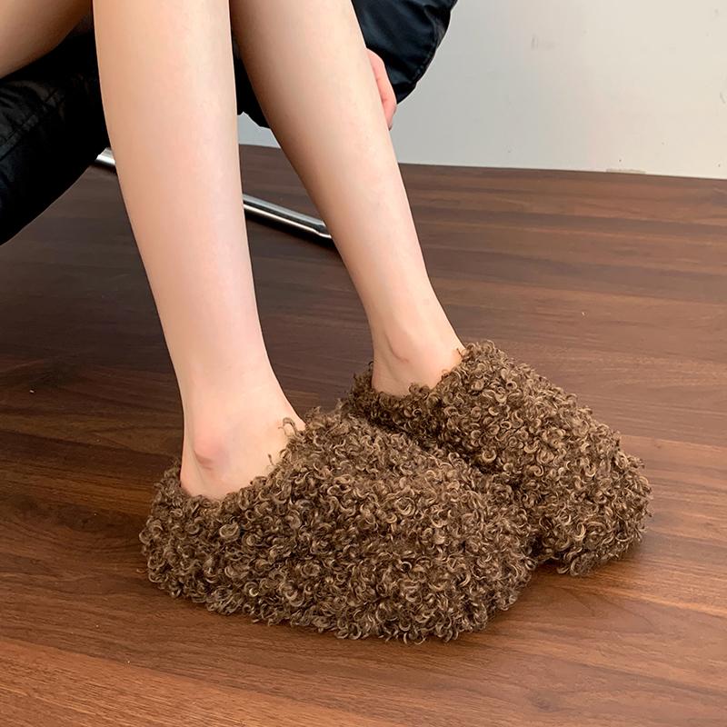 Thick Heel Luxury Lambwool Mules 2025 Winter Shoes Woman Flip Flops Flat Cover Toe Slides Ins Warm Curly Lamb Fur Slippers Women