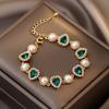 Retro Style Granny Green Heart-shaped Pearl Bracelet for Women Red Diamond Chain Bracelet Luxury