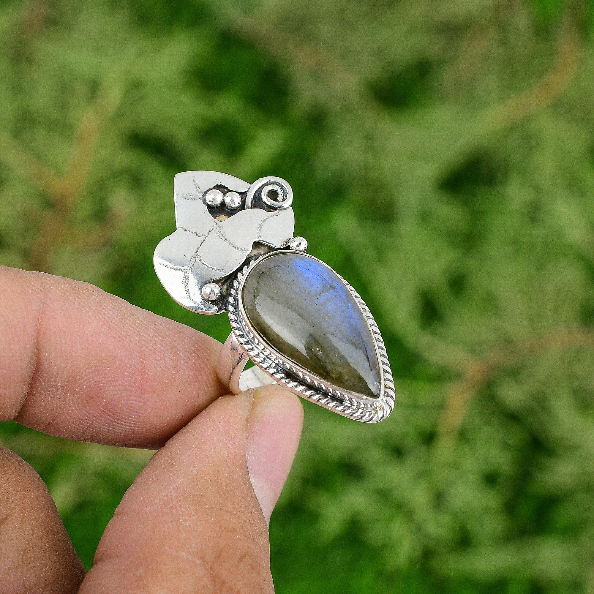 

Labradorite Gemstone Sterling Silver Statement Bezel Wife Trendy New Ring US 6.5 6.5