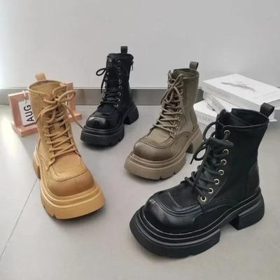 Bottines à plateforme épaisse pour femmes, chaussures de moto, bottines de créateur à bout rond, bottes courtes à lacets pour dames, bottes de travail, 2024