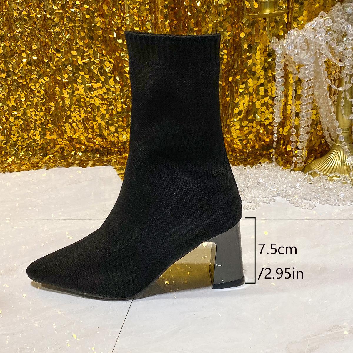 

Модные женские весенне-осенние черные ботильоны-носки, вязаные эластичные женские ботильоны на толстом высоком каблуке, с острым носком, больших размеров 35-42 42 чёрный