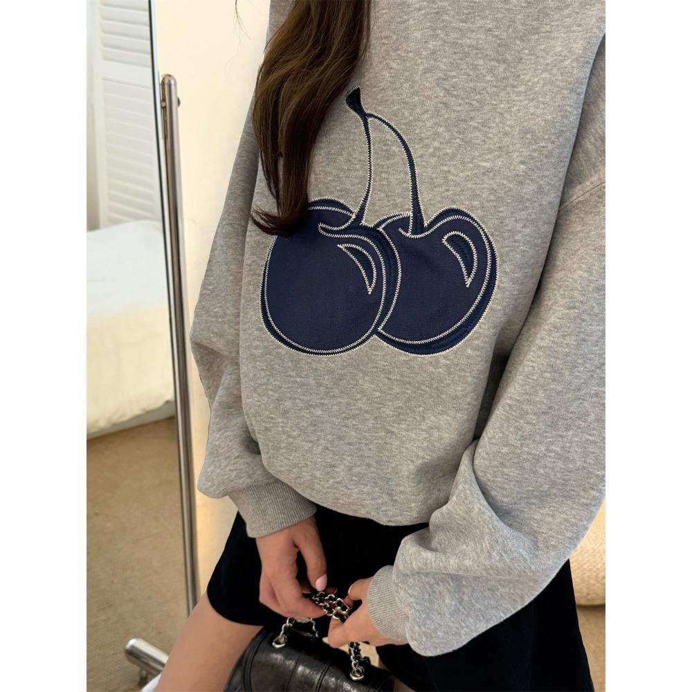 Dimanaf New 2025 Women Embroidery Fruit Hoodies & Sweatshirts Print Full Sleeve Autumn Basic Tops T-Shirt New Pullover