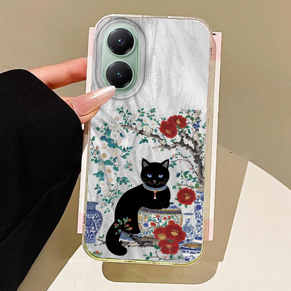 

White Porcelain Cat Flower Feather Texture Phone Case for Xiaomi Poco X5 X7 M6 Pro X6 X3 Pro NFC C75 C71 C65 C61 M5S TPU Cover poco C65 білий