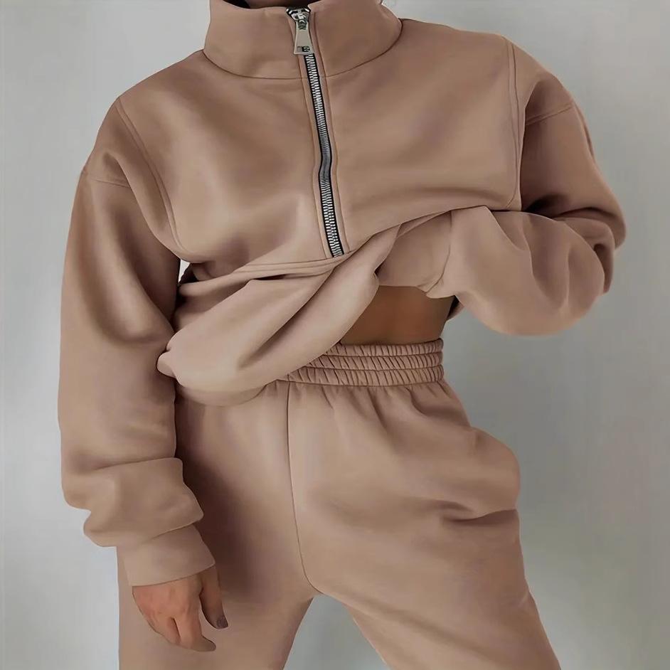 

Женский топ с высоким воротником, на молнии до середины, с узлом, эластичной талией и широкие брюки-джоггеры, комплект спортивной одежды XL хаки