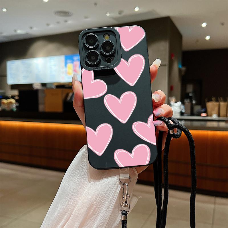 Full Screen Love Heart Lanyard Strap Phone Case For iPhone 15 14 13 12 11 Pro Max X XS XR 7 8 Plus SE  Silicone Soft Cover