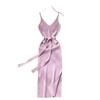 European and American elegant casual temperament V-neck waist and thin knitted dress with belt suspender dress