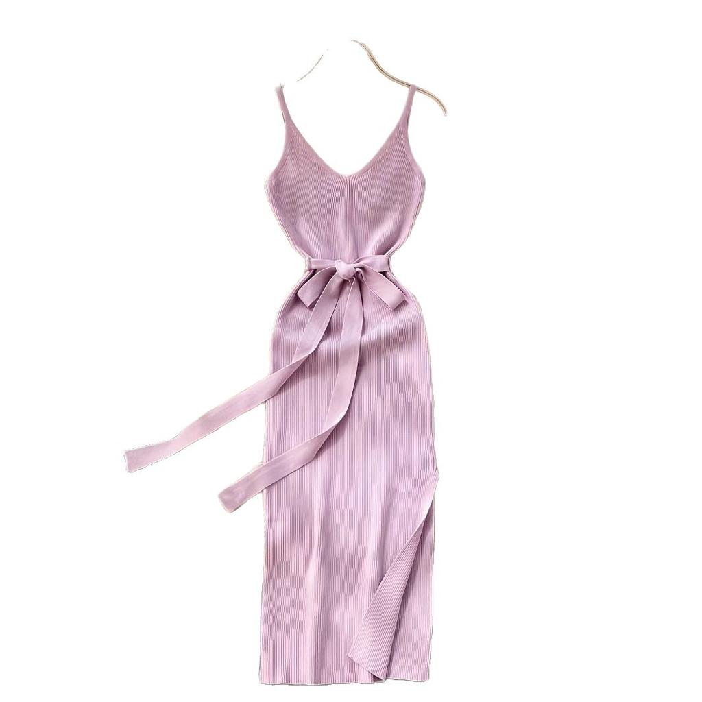 European and American elegant casual temperament V-neck waist and thin knitted dress with belt suspender dress