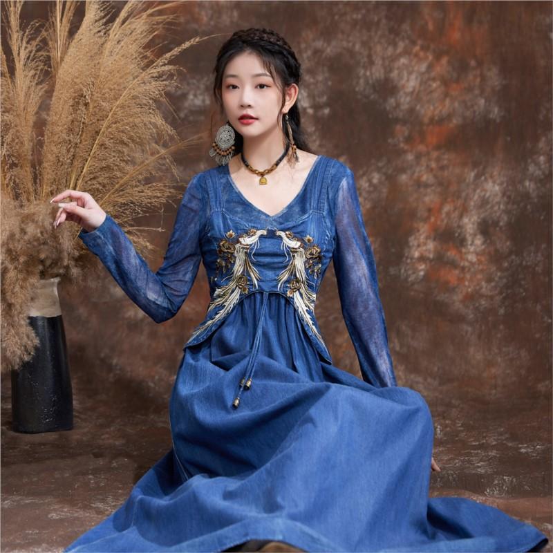 Johnature Toamnă Vară Femei Design Broderie Vintage Bretele Rochie Guler Orizontal Rochie Casual