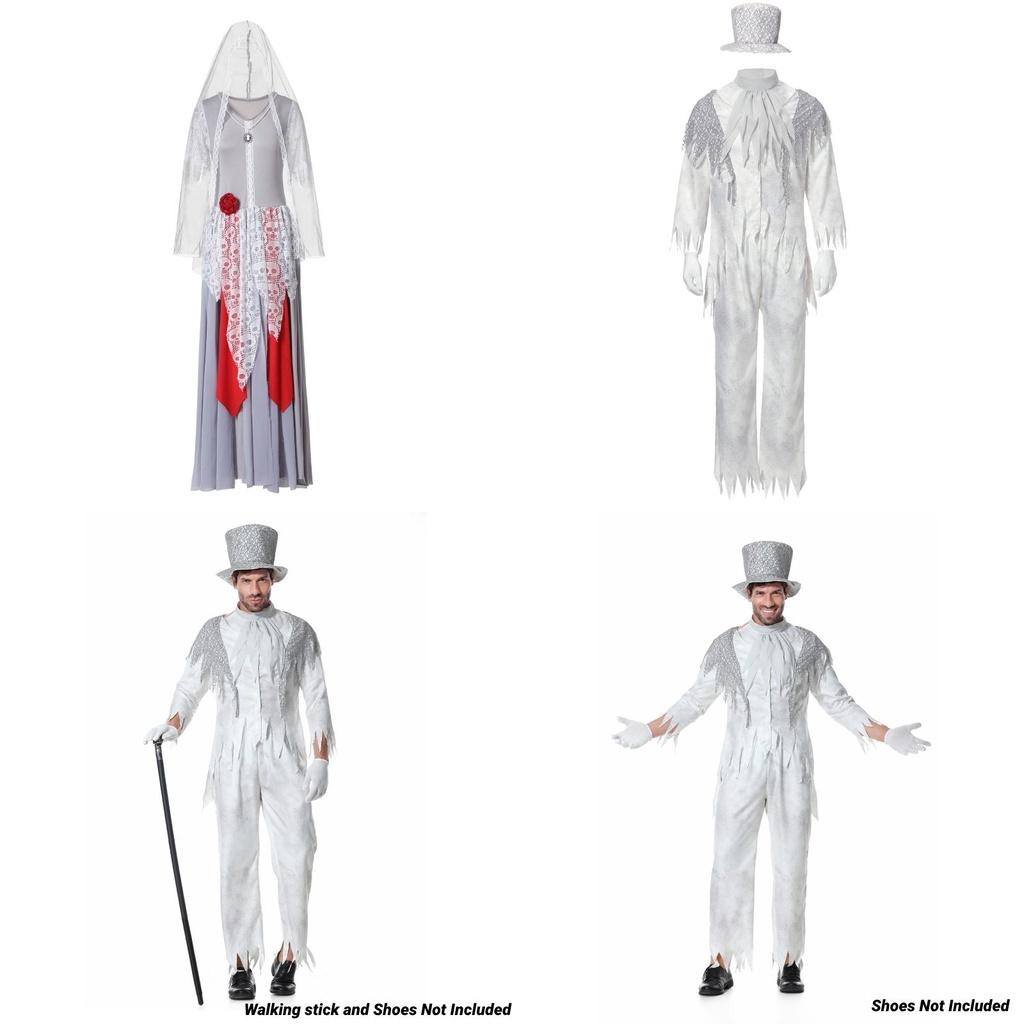 Ymkq Halloween Vampire Party Costume Adult Unisex White Ghost Bride And Groom Cosplay Performance Attire