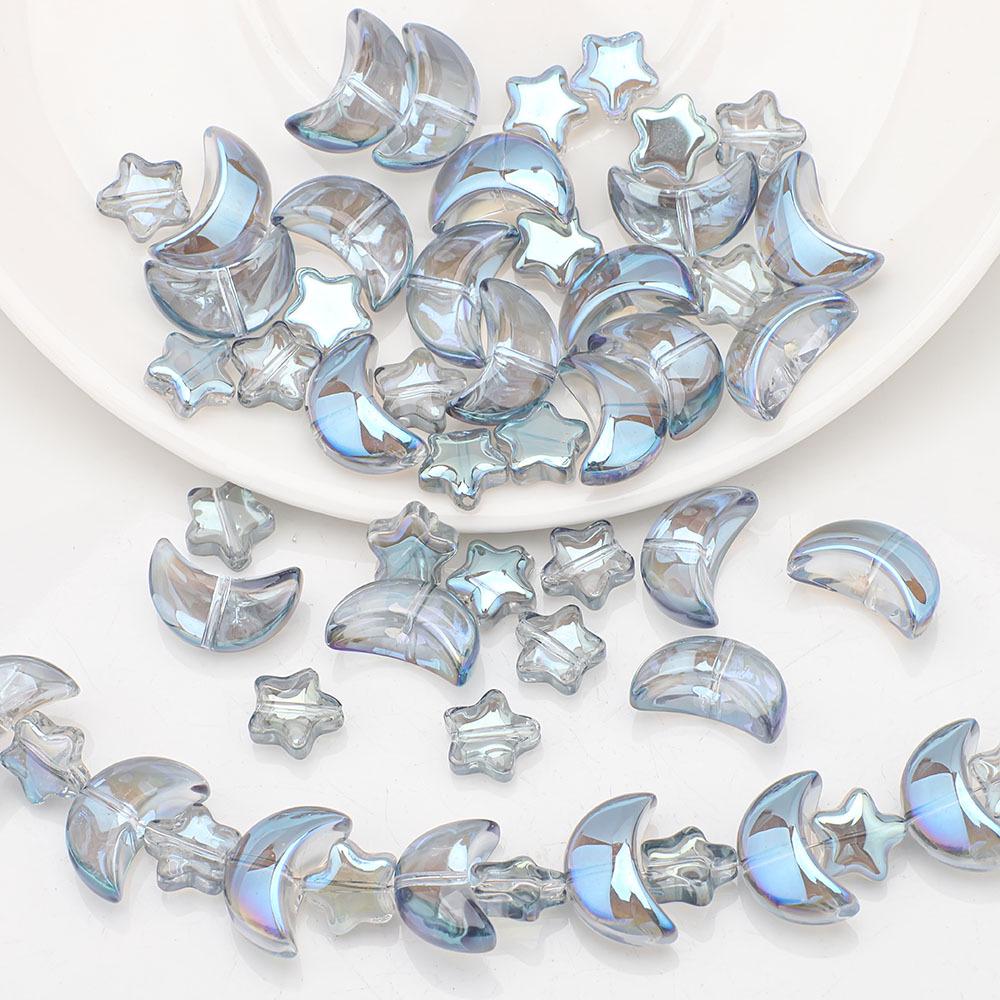 Moon and Star Glass Beads Set: Iridescent DIY Bracelet & Necklace Kit