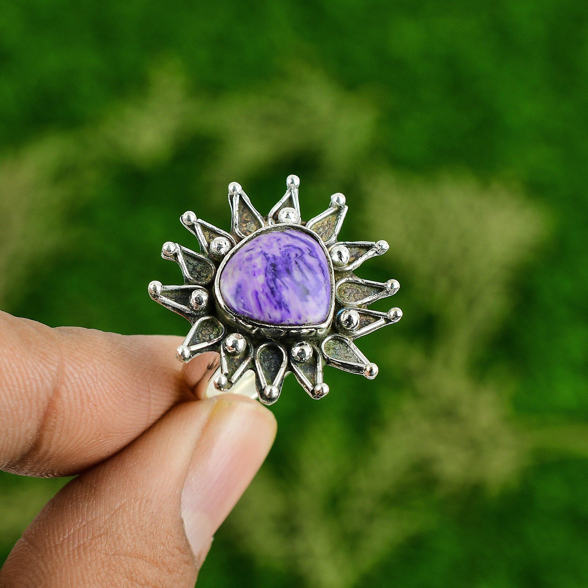 

Натуральный русский чароит, штабелируемое кольцо-цветок с регулируемым размером, серебро 925 пробы Adjustable