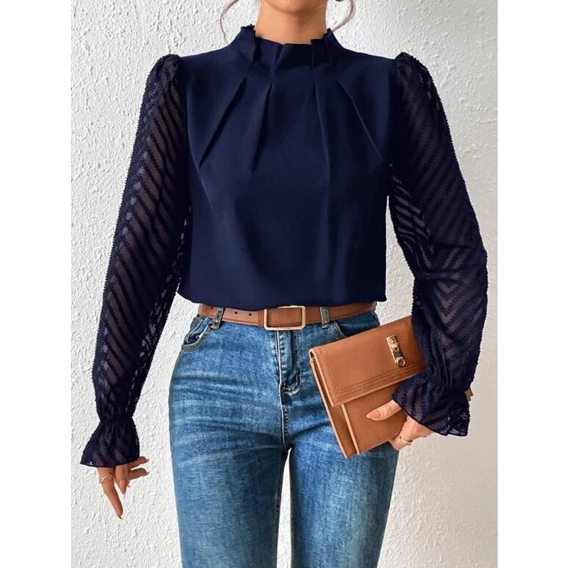Women S Half High Neck Wavy Chiffon Long Sleeve Loose Blouse