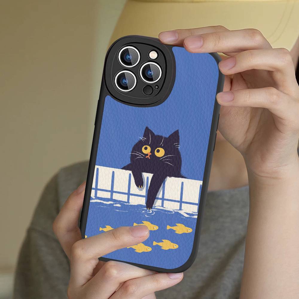 A Cute Comic Cat Phone Case For IPhone 16 15 14 13 12 11 Pro Max Plus Leather Cover