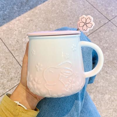Relief Mug High Value Ceramic Cup with Lid with Spoon Office Water Cup for Women Breakfast Cup Souvenir Gift