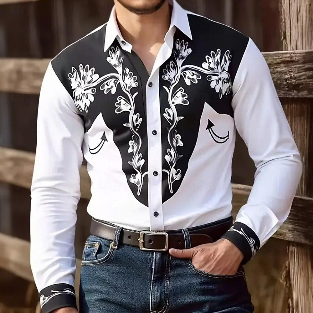 Camicia da Uomo con Stampa Floreale Lavorazione Etnica Camicia Western Camicia da Cowboy Manica Lunga Vintage Retrò Vacanza all'Aperto