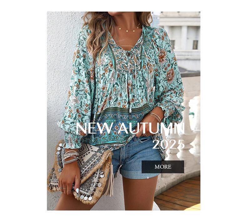 Bohemian Rayon Print Lace-up Long Sleeve Top for Women - 2025 Spring/Summer Collection