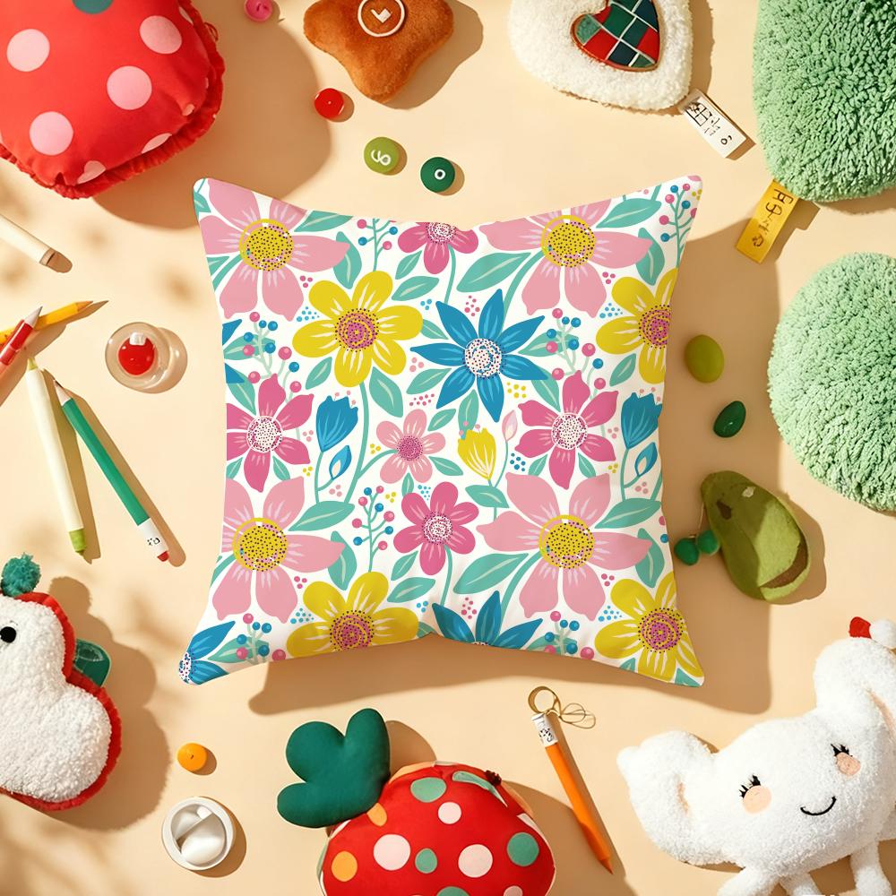 Colorful Flowers Cushion Cover Soft Short Plush DoubleSided Printing Home Decor Machine Washable Pillow Case Gift