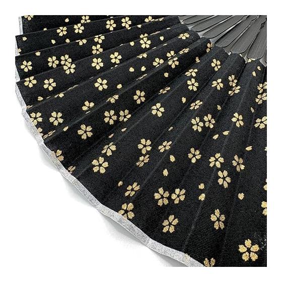 Kanzashi Folding Fan for Men - Premium Cotton, Elegant Design with Black Bone Bamboo, Includes Chirimen Fan Pouch - Gift, Souvenir, Yukata, Kimono,