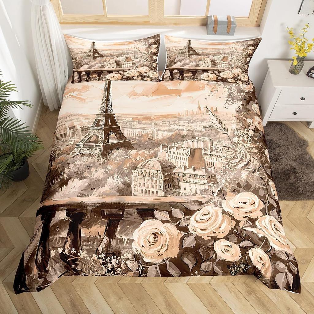 Set Biancheria da Letto Torre Eiffel Matrimoniale per Bambini Ragazze Donne Stampa Floreale Europea 3D Copripiumino Vintage Tematica Coppie Copripiumino