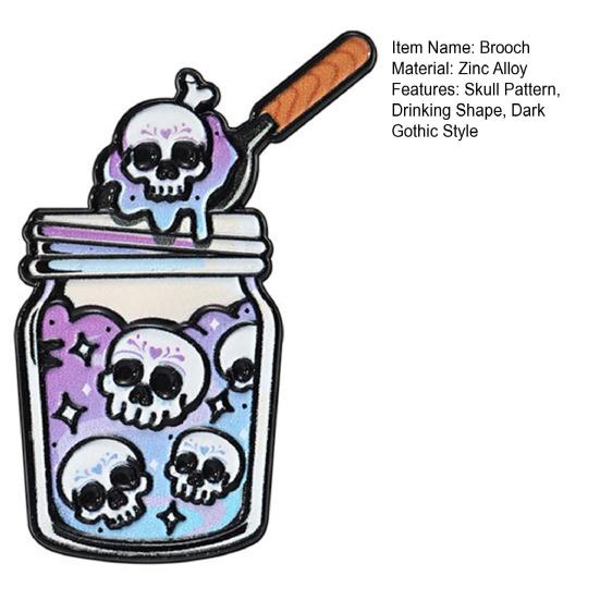 Halloween Badge Dark Gothic Style Skull Patten Milk Tea Shape Zinc Alloy Texture Brooch Versatile Clothing Accessory