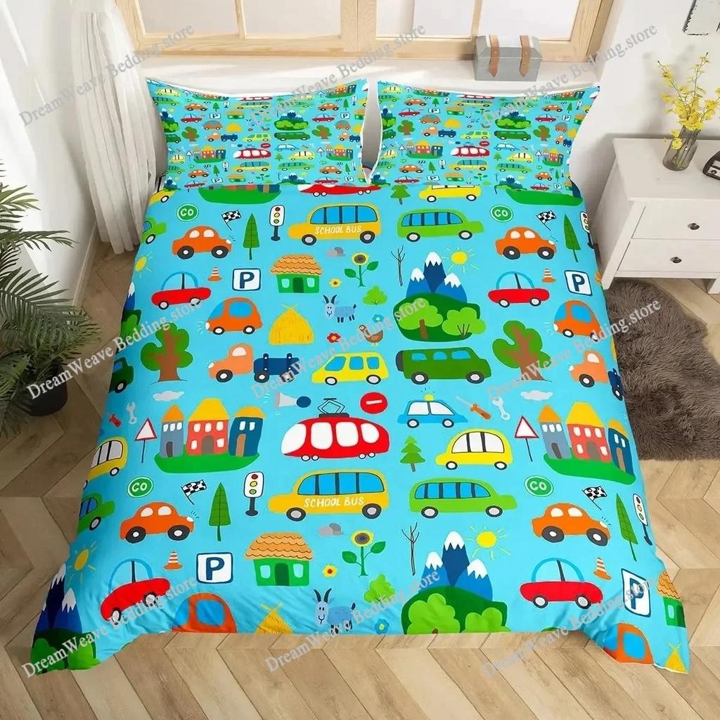 Cartoon Auto Bettbezug Kinder Stadtverkehr Straßenkarte Bettwäscheset für Jungenzimmer Dekor, Geometrische Linien Straßenauto Bettdeckenbezug