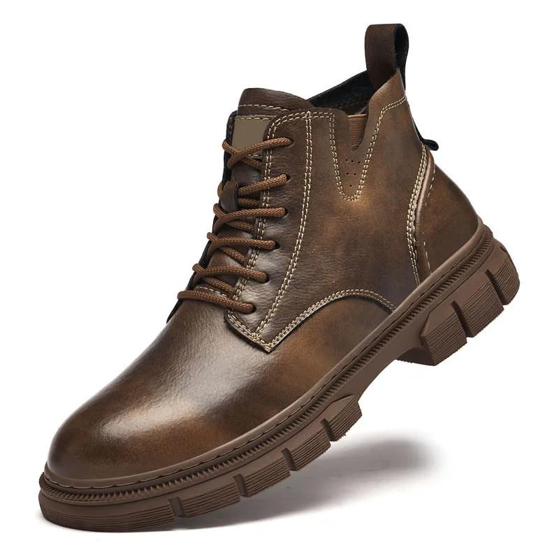 Winter Desert Boots Men's Lace Up Retro Brown Ankle Boot Genuine Leather Outdoor Waterproof Wear-resistant Sports Cowboy Boots