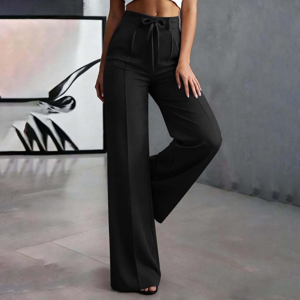Women's Loose Fit Wide Leg Dress Pants High Waist Elastic Waistband Casual Trousers with Drawstring Professional Office Wear