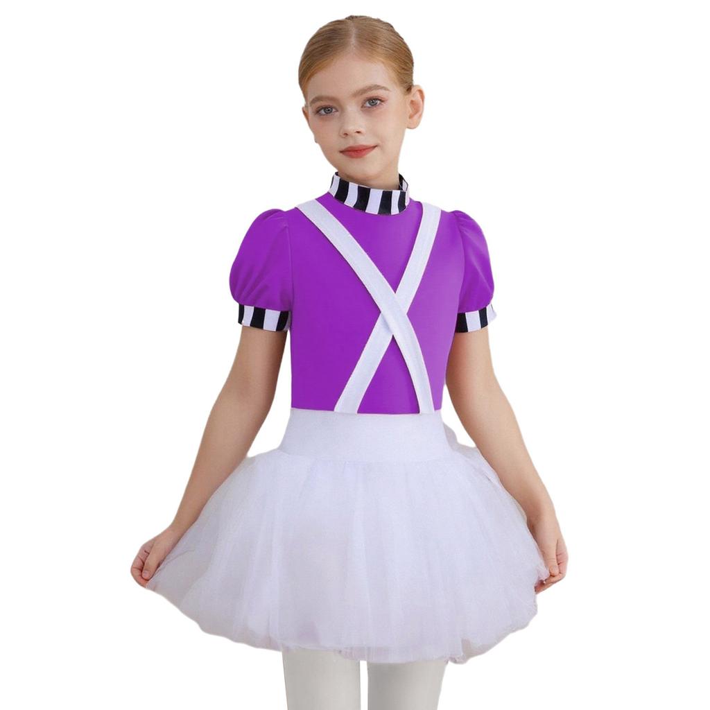 Kids Girls Chocolate Factory Worker Halloween Costume Mock Neck Short Stripe-Cuffed Sleeves Back Cut Puffy Built-In Crotch Press Buttons Dress Braces