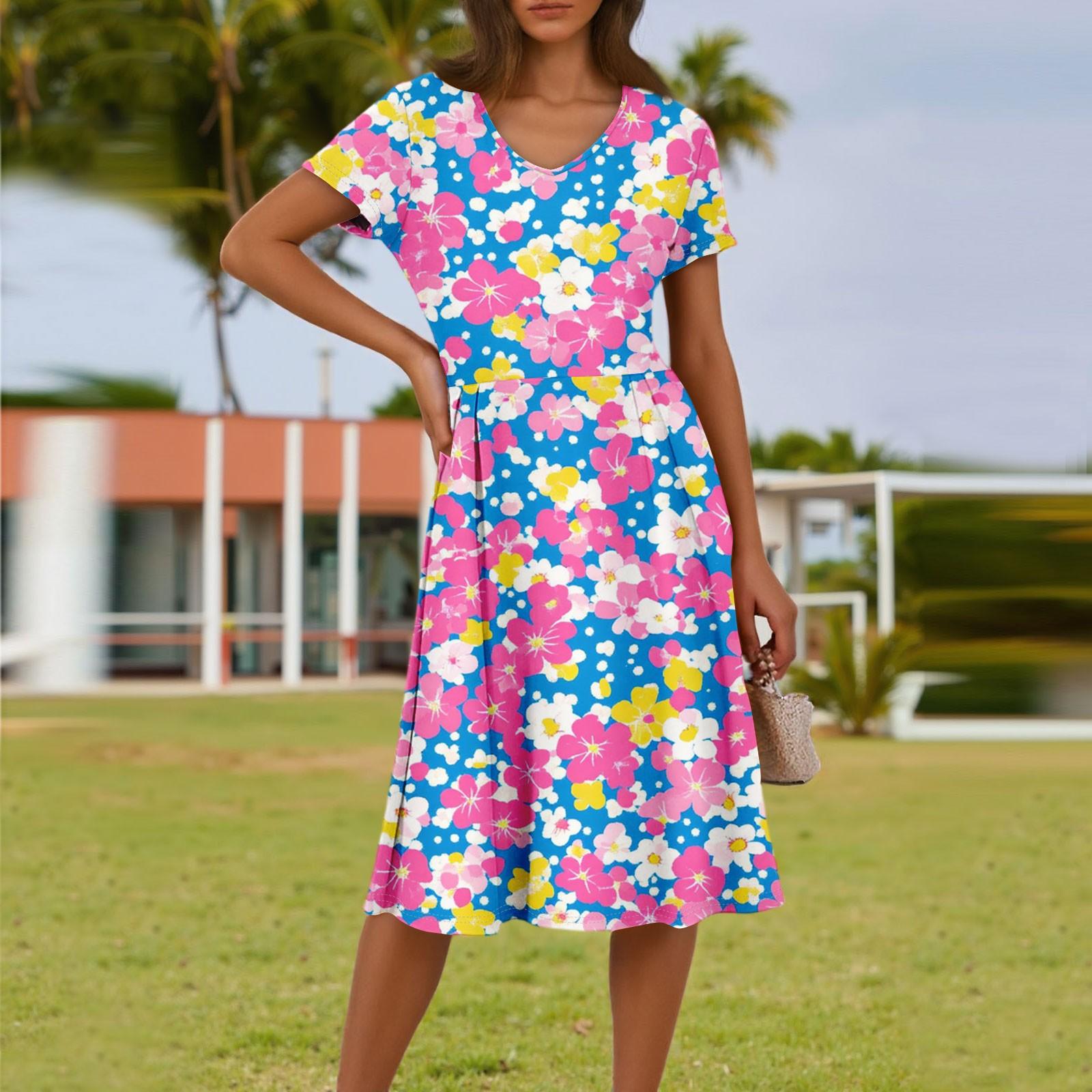 

Женское летнее модное повседневное платье с цветочным принтом, V-образным вырезом, короткими рукавами и карманом L