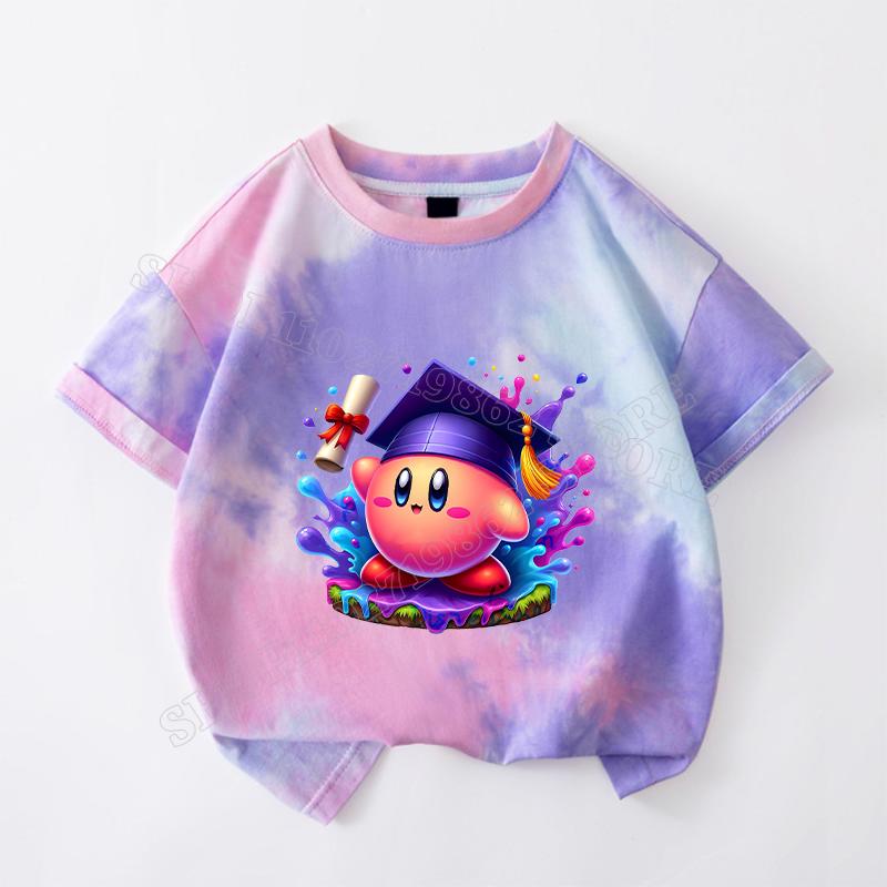 Kirby Boys Girls Cute T-shirts Cartoon Anime Pattern T-shirt Children Summer Fashion Clothes Tie-dye Tops Birthday Party Gifts