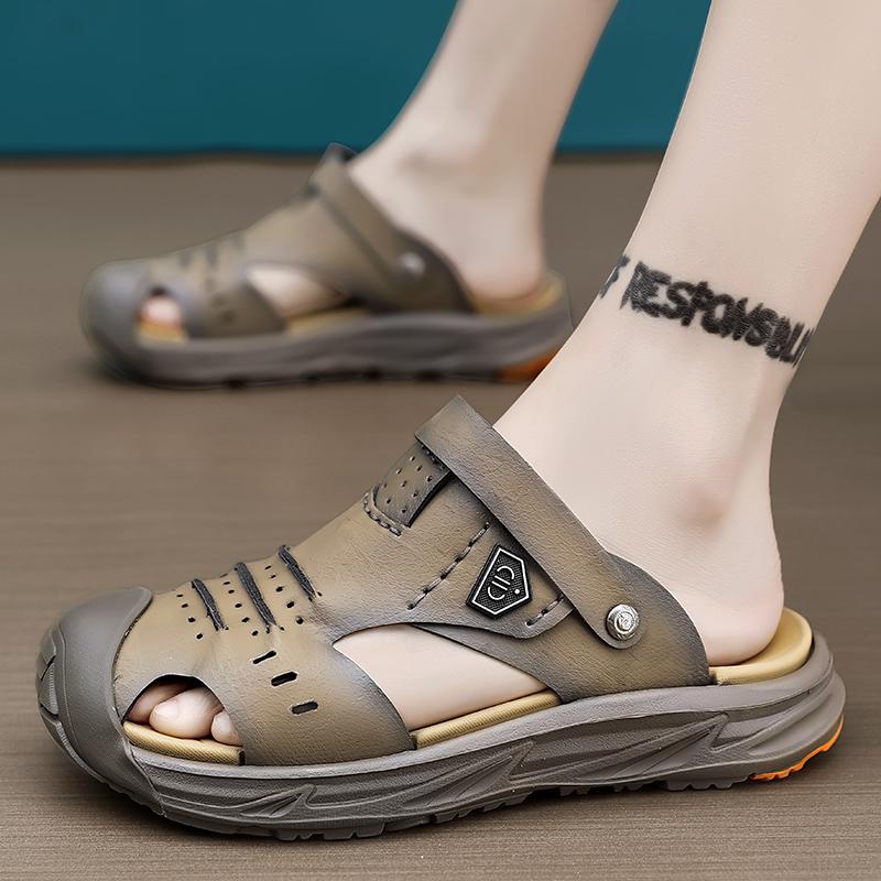 Fashion Breathable Vented Men's Slippers Soft Sole Anti-Slip Casual Trendy Shoes For Middle-Aged Fathers PVC Material Soft Thick Bottom