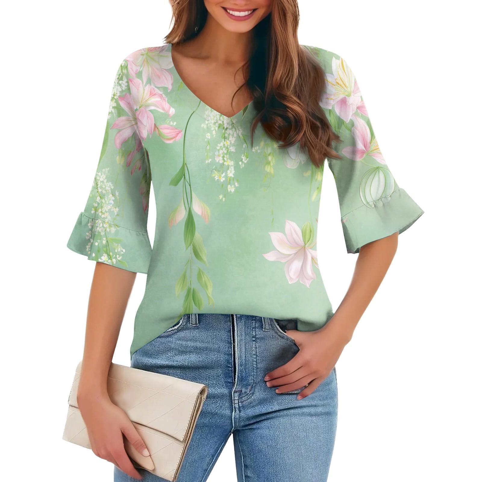 

Женская повседневная модная футболка с V-образным вырезом, свободная, для поездок на работу, с цветочным принтом и рукавами-пятью точками XL
