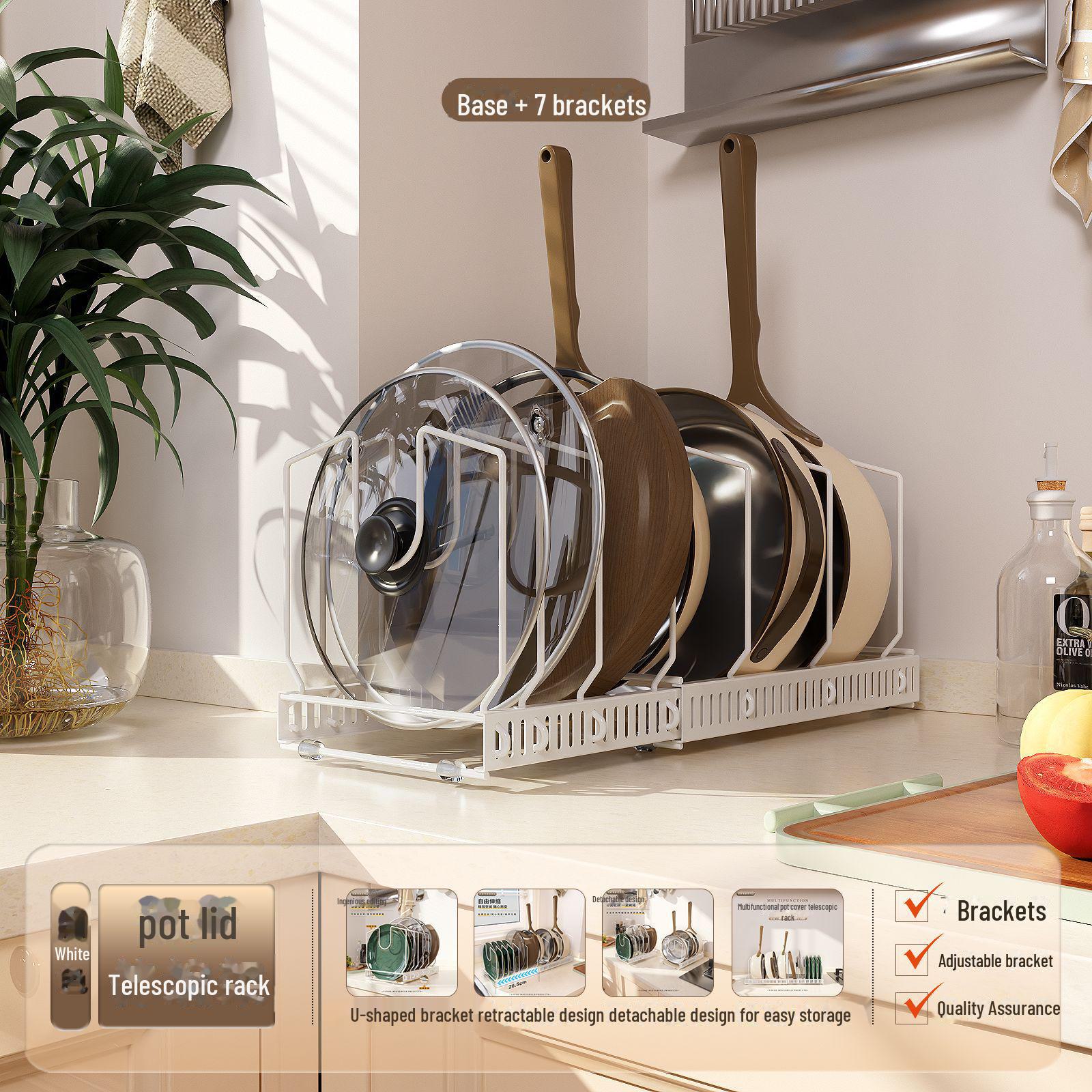 Многоуровневая регулируемая выдвижная полка для кастрюль универсальный органайзер для рабочего стола и кухонных крышек 7-wire D024 белый 1630₽