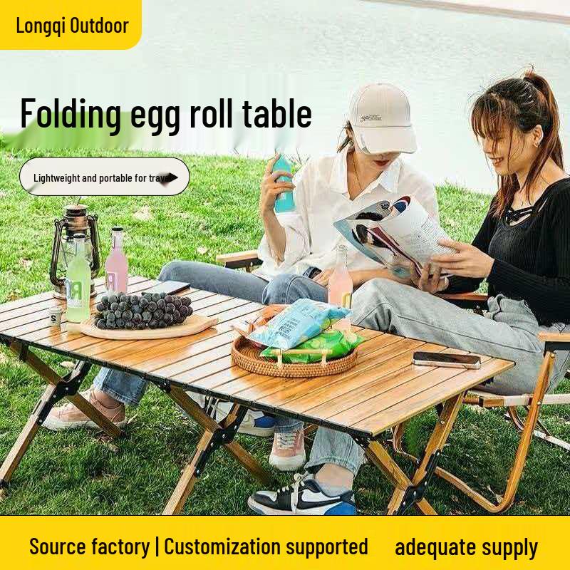 Portable Outdoor Folding Egg Roll Table for Camping and Picnics Wood Grain Color (60cm)
