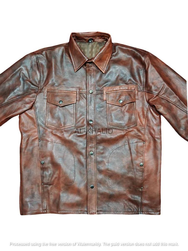 Handmade Stylish Casual Biker Motorcycle Real Lambskin Brown Men's Leather Shirt