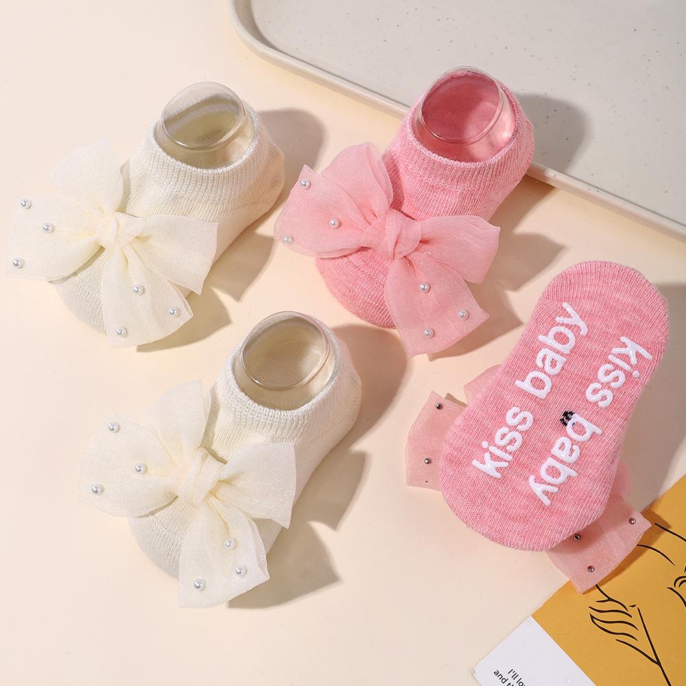1 Pair of Lace Bow Socks Chiffon Pearl Delicate Breathable Socks Baby Girl Toddler Letter Socks