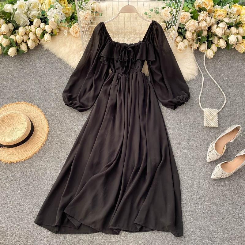 Vintage Square Collar Long Dress Woman Elastic Waist Evening Party Dresses Fashion Puff Sleeve Chiffon Dress Women Clothing 20263