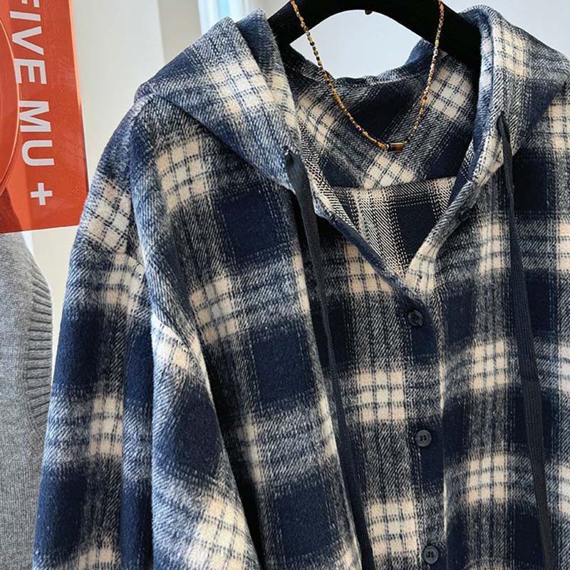 Kåpe for kvinner Bomull Høst Vinter Fortykket Casual Oversize Retro Løstsittende Langermet Rutete Børstet Jakke