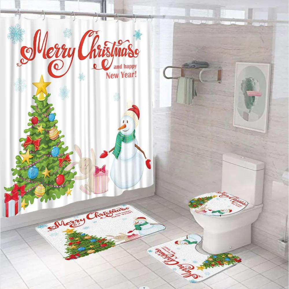 Weihnachts-Nikolaus Duschvorhang-Set Mit Teppich Toilettensitzbezug Badvorleger Weihnachtsbaum Schneeflocken-Szenerie Bauernhaus Wannen Vorhänge