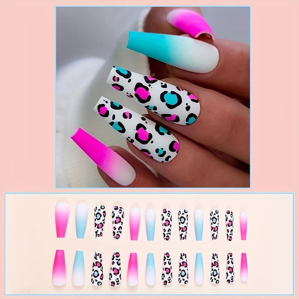 24 peças Leopard Gradient Press On Nails - Unhas Postiças Matte Blue Pink com Cobertura Total Long Coffin Ballerina Design - Fácil de Aplicar e Remover - Perfeito