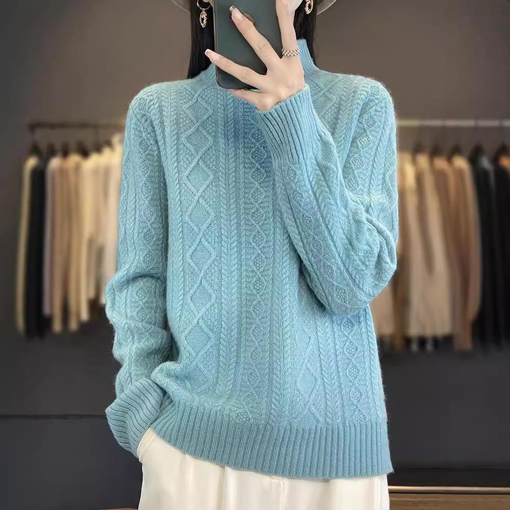 Solid Colour Half High Neck Threaded Stranded Flower Top Women's Pullover Knitted Sweater Tide
