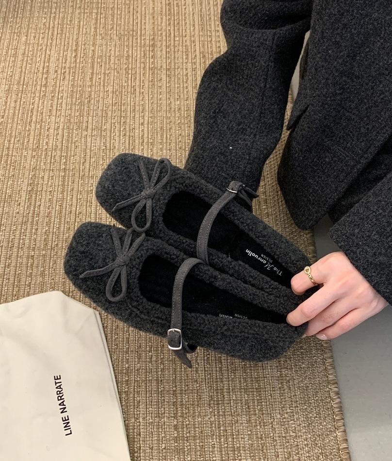 Internet Celebrity French Bow Warm Flat Bottom Fluffy Shoes Women Wear 2025 New Velvet Mary Jane Cotton Shoes