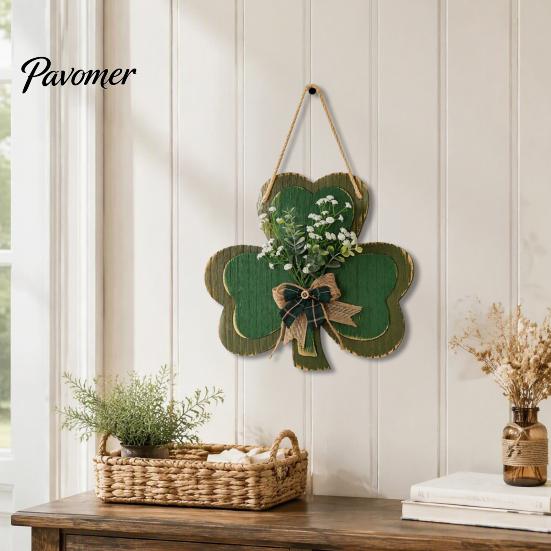 Irish Theme Porch Sign St. Patrick's Day Wooden Clover Door with Hemp Rope, Rustic Double Layer Shamrock Hanging Farmhouse Hanger Decor Artificial